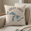 Pillow with blue Great Lakes map, compass, and text "THE GREAT LAKES USA".