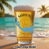 Beer glass with "Lake Marion" and a blue lake outline on a beach background.