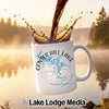 White mug with Center Hill Lake map and compass design, coffee pouring in.