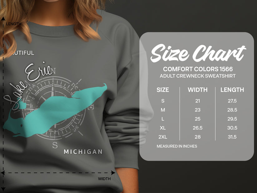 Size chart for Comfort Colors 1566 adult crewneck sweatshirt.