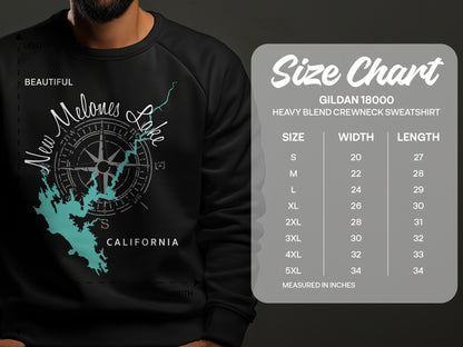 Crewneck sweatshirt size chart for Melones Lake, California with measurements.