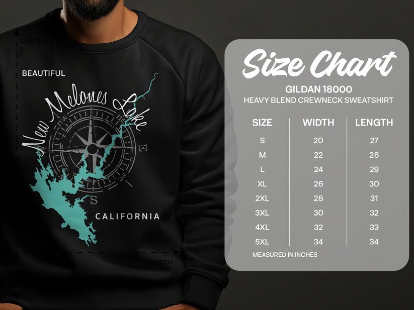 Crewneck sweatshirt size chart for Melones Lake, California with measurements.