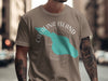 Brown t-shirt with a teal Catalina Island map graphic and compass design.