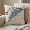 Throw pillow with a blue map of American Lake, Washington and compass rose.