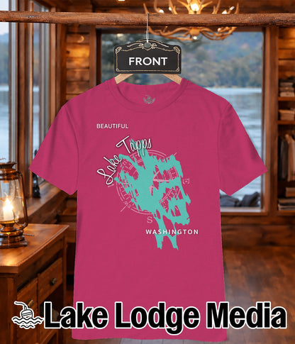Pink t-shirt with a teal lake outline and "Lake Lodge Media" text.