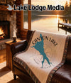 Woven blanket with Canyon Lake, Arizona map and compass design.