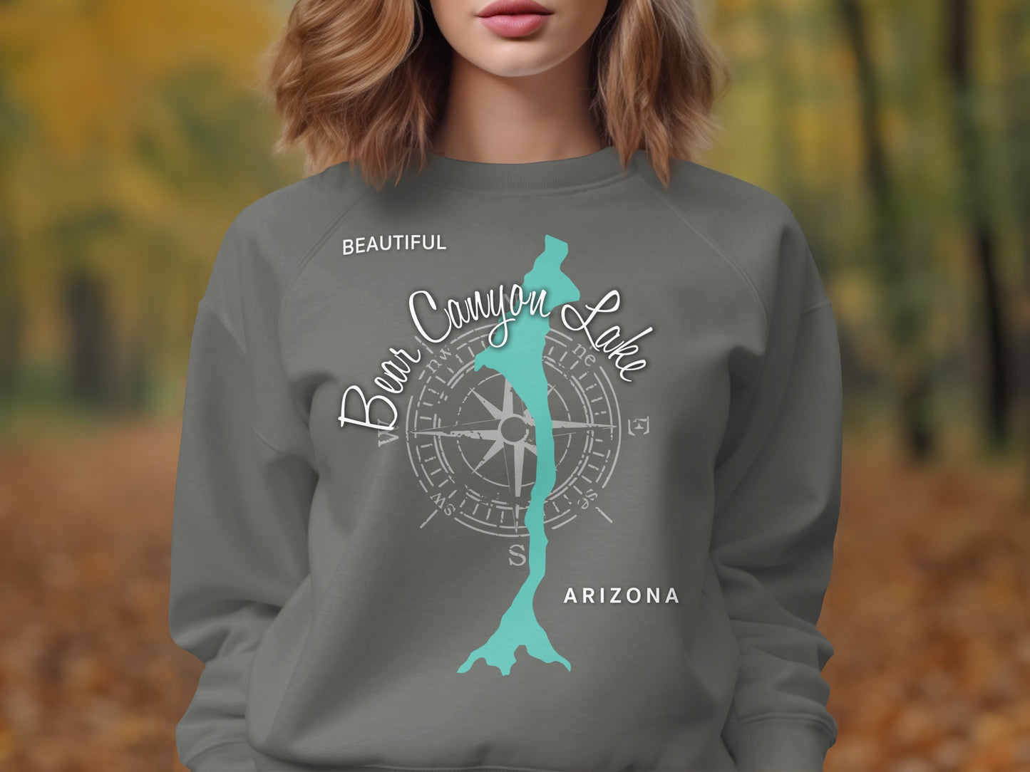 Grey sweatshirt with turquoise Bear Canyon Lake map and compass design.