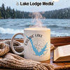 White mug with "Castaic Lake California" map and compass design.