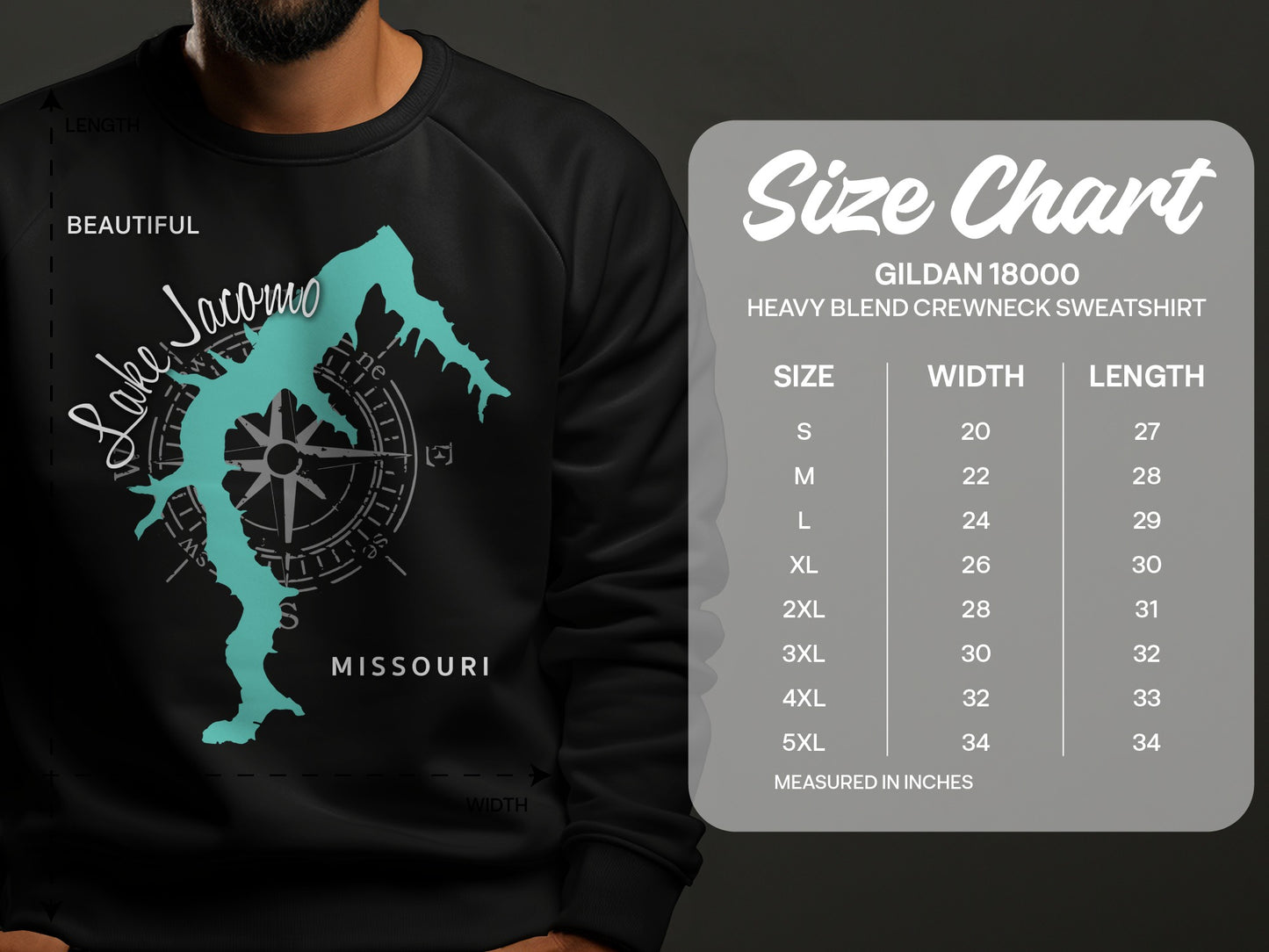 Gildan 18000 sweatshirt size chart with Lake Jacomo, Missouri graphic.