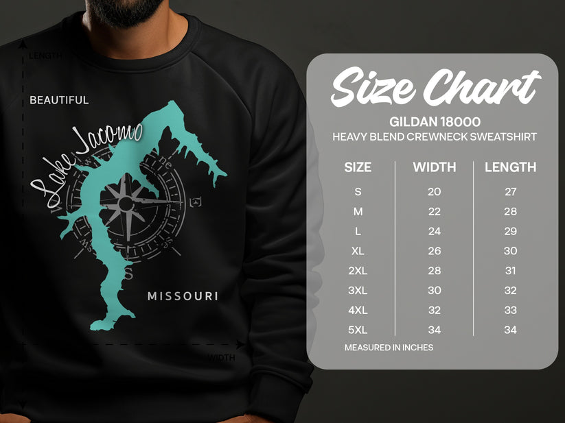 Gildan 18000 sweatshirt size chart with Lake Jacomo, Missouri graphic.