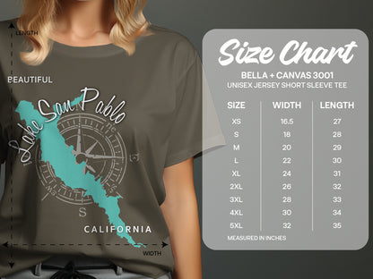 T-shirt size chart for Bella + Canvas 3001 unisex tee, listing sizes XS-5XL with width and length.