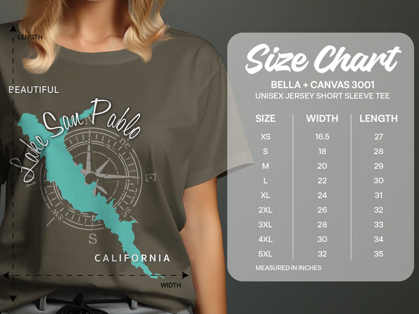 T-shirt size chart for Bella + Canvas 3001 unisex tee, listing sizes XS-5XL with width and length.