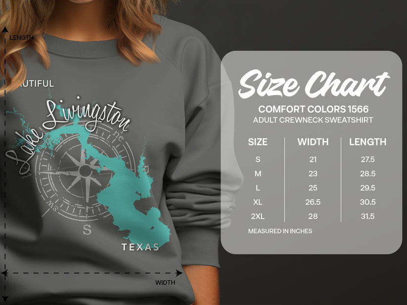 Comfort Colors 1566 sweatshirt size chart with lake graphic.