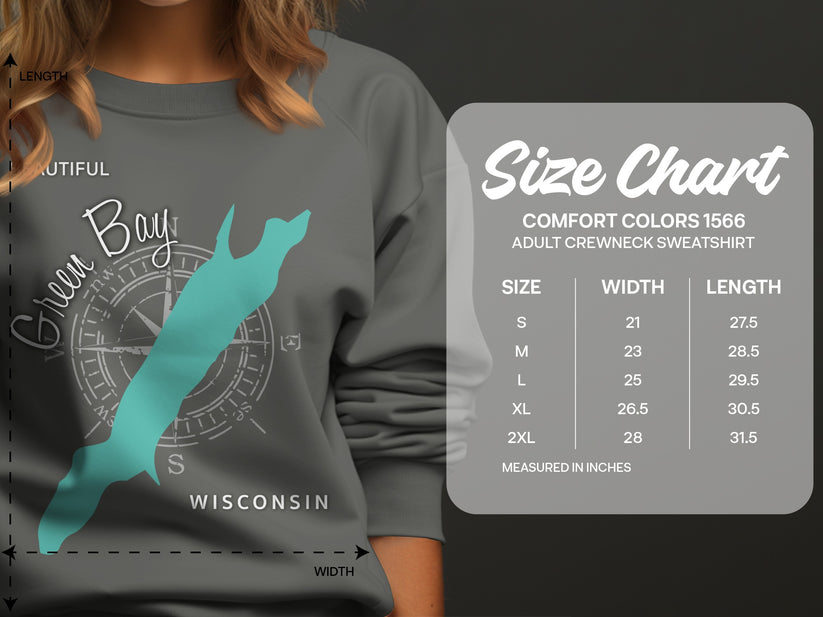 Green Bay sweatshirt size chart with measurements for comfort colors 1566.