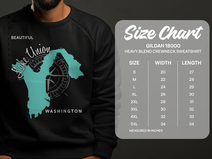Sweatshirt size chart with Lake Union map graphic and measurements in inches.