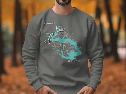 Crewneck sweatshirt with "Spoon Lake Beautiful Illinois" text and compass rose map.