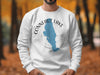 White crewneck sweatshirt with Conneaut Lake, Pennsylvania map and compass design.