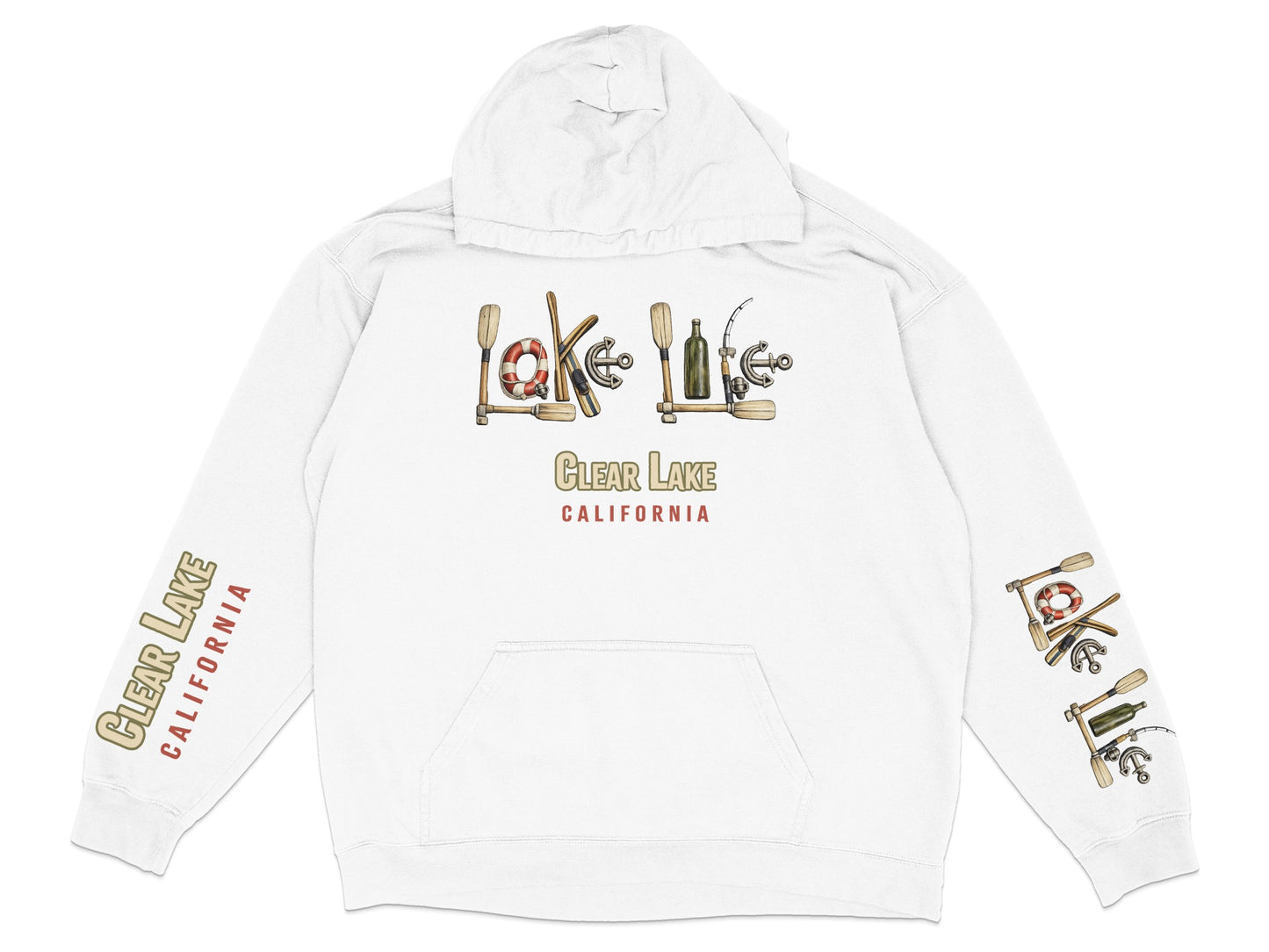 White hoodie with "Lake Life California" graphic and rope detail.