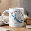 White mug with Sam Rayburn Reservoir map, compass, and Texas text.
