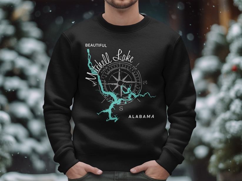 Black sweatshirt with "Mitchell Lake Alabama" and compass design.