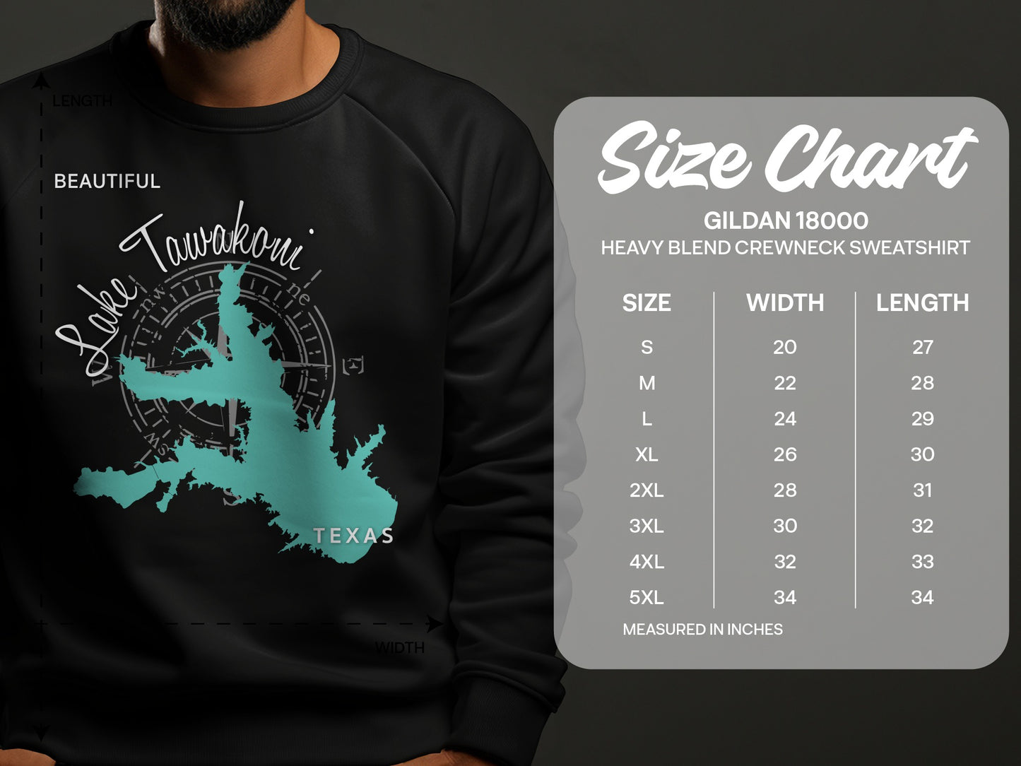 Gildan 18000 sweatshirt size chart with Lake Tawakoni, Texas graphic.