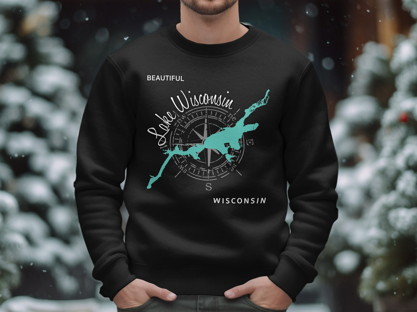Black sweatshirt with a teal compass and "Beautiful Lake Wisconsin" graphic.