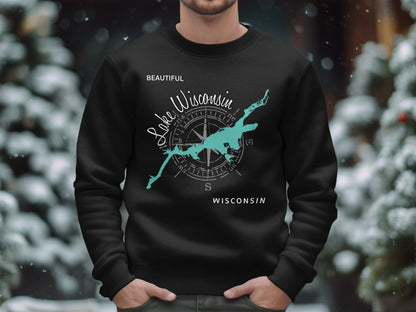 Black sweatshirt with a teal compass and "Beautiful Lake Wisconsin" graphic.