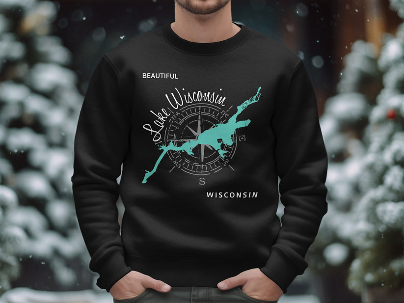Black sweatshirt with a teal compass and "Beautiful Lake Wisconsin" graphic.