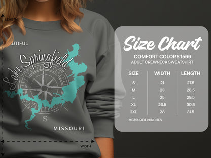 Comfort Colors 1566 sweatshirt size chart with measurements for width and length.
