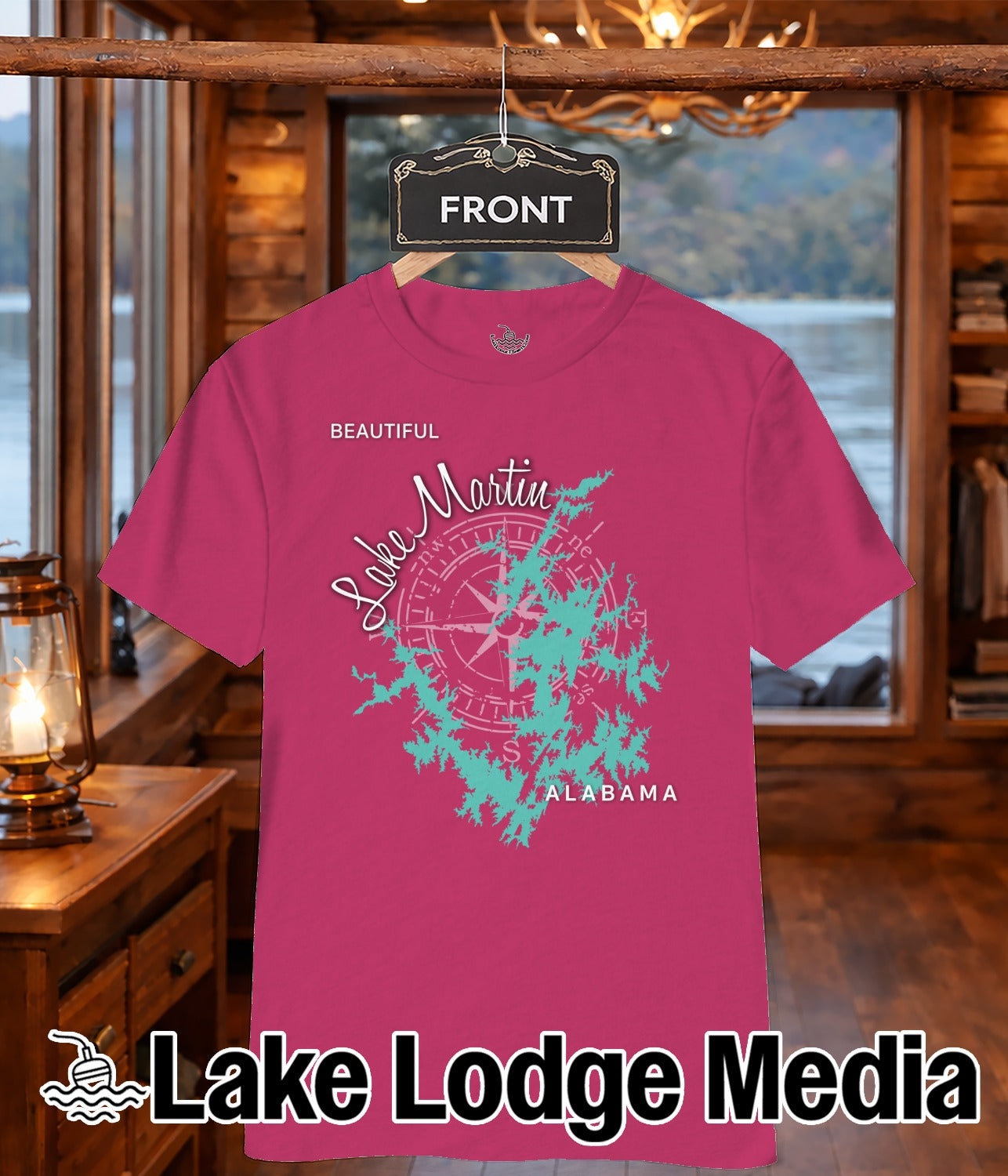 Pink t-shirt with "Lake Martin Alabama" and compass graphic.