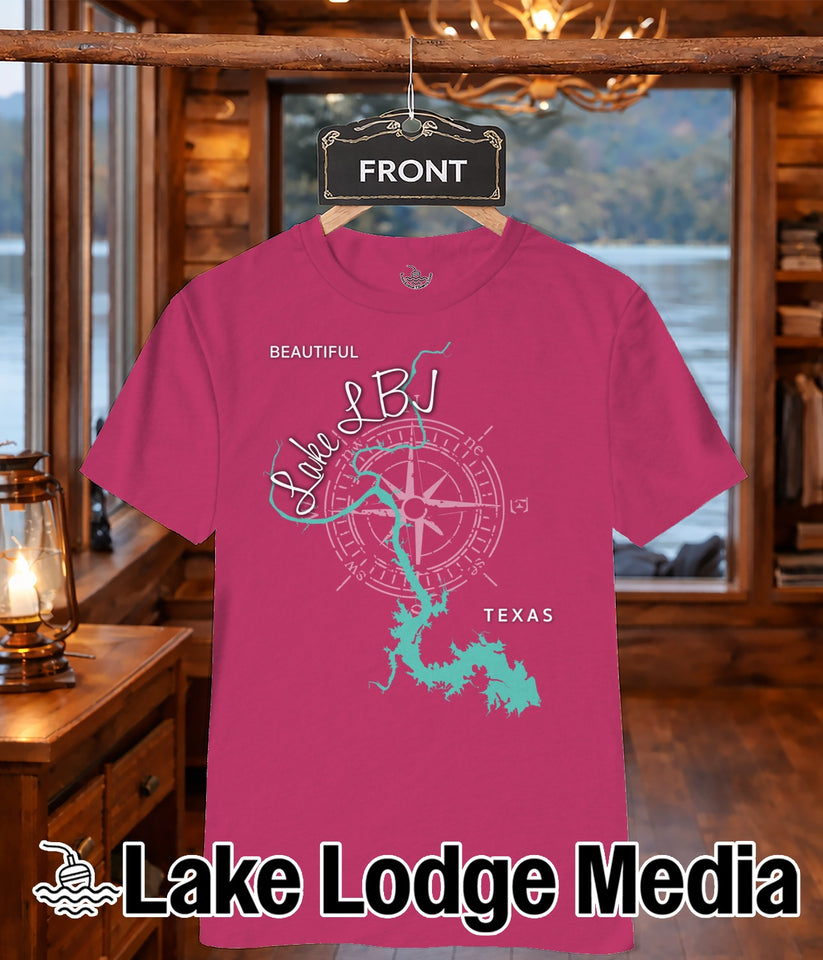 Pink t-shirt with "Lake LBJ" and compass graphic, "Lake Lodge Media" logo.