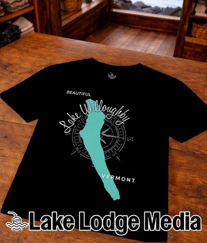 Black t-shirt with "Lake Willoughby" and compass rose design.
