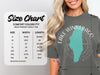 Comfort Colors 1717 heavyweight adult tee size chart with width and length measurements.