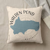 Walden Pond Massachusetts map design on a light colored throw pillow.