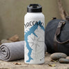 White water bottle with blue Mississippi map and compass design, text "JACOMO".