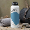 White water bottle with black lid, featuring "MARY" and a map graphic.