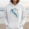 White hoodie with a blue outline of Lake San Pablo and compass graphic.