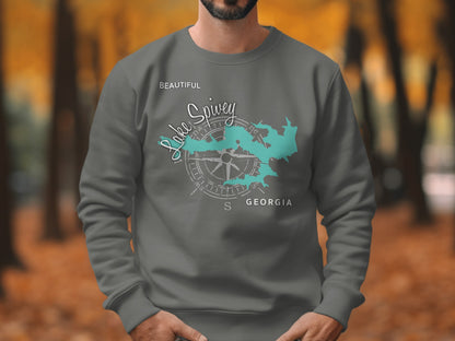 Grey sweatshirt with "Beautiful Lake Spivey Georgia" map and compass graphic.