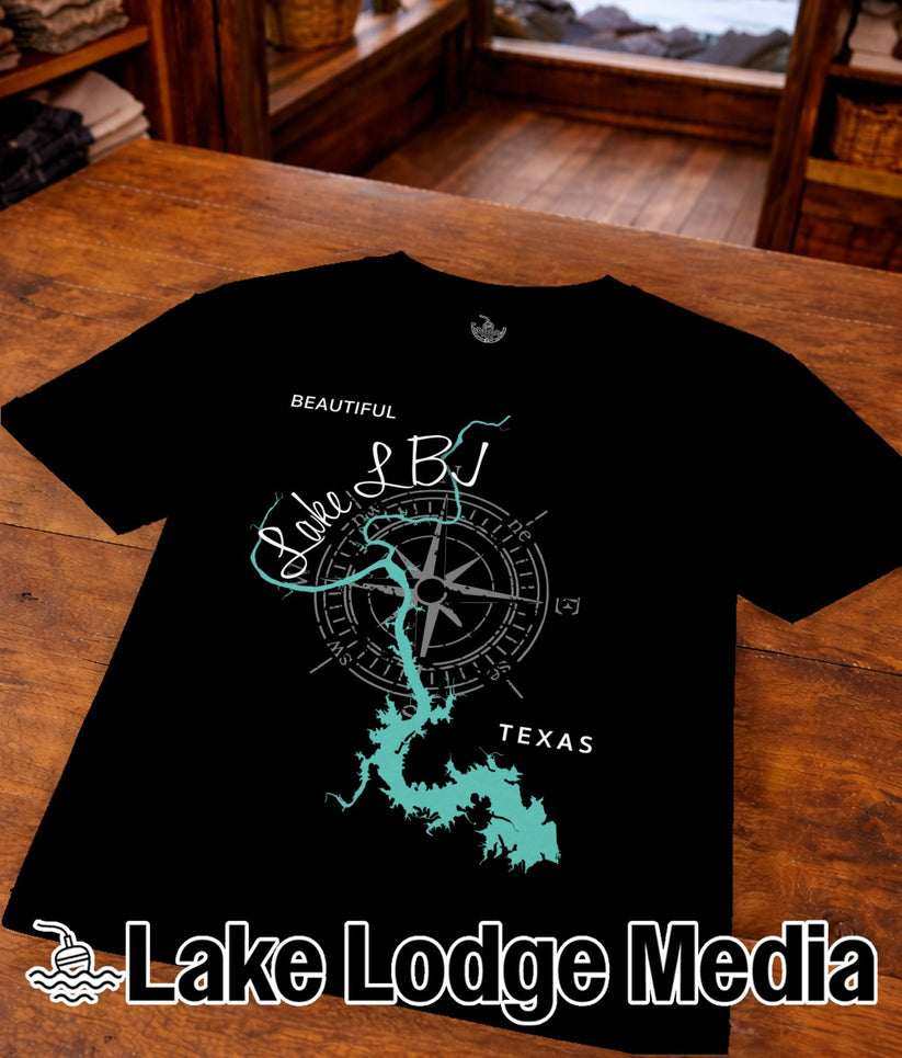 Black t-shirt with turquoise lake map, compass, and "Lake LBJ TEXAS" text.