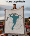 Woven blanket with Black Canyon Lake map design and "Lake Lodge Media" logo.