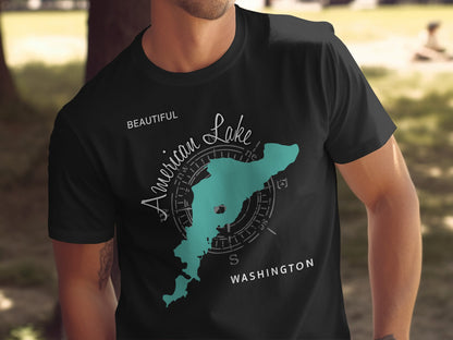Black t-shirt with "American Lake" and Washington map graphic.