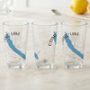 Three clear glasses with blue Otisco Lake map graphic and compass rose design.