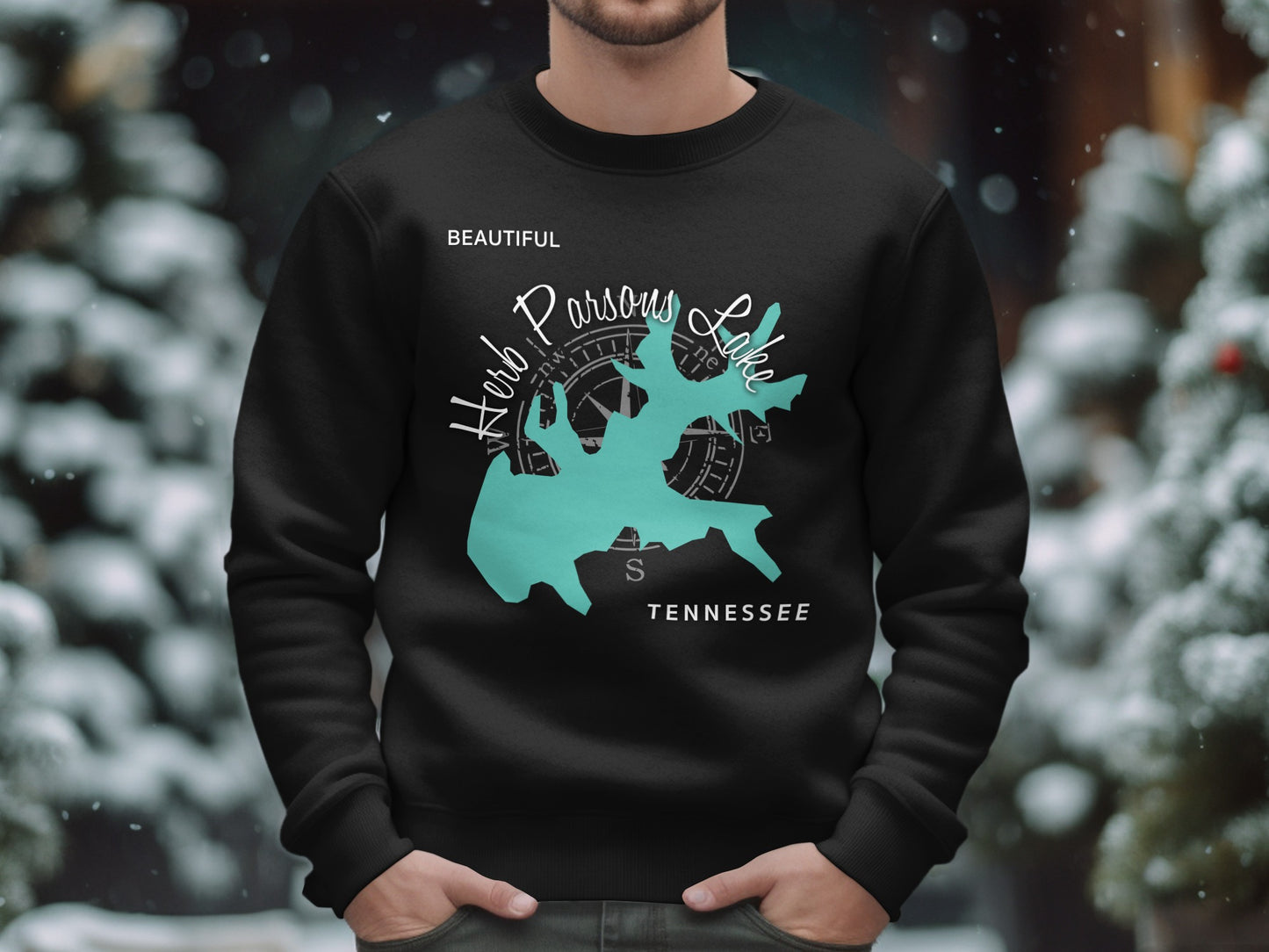 Black sweatshirt with turquoise map outline of Tennessee and "Herb Parsons Lake" text.