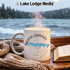 White mug with North Channel Michigan map and compass design, steaming.