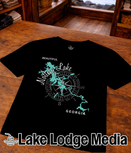 Black t-shirt with "Nately Lake" and compass design, "GEORGIA" text.