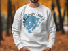 White sweatshirt with blue Big Sandy Lake map and Minnesota text graphic.