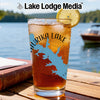 Glass of iced tea with a blue map of a lake and "Lake Lodge Media" logo.