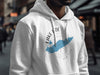 White hoodie with "Lake Erie New York" design, featuring a blue map outline and compass.