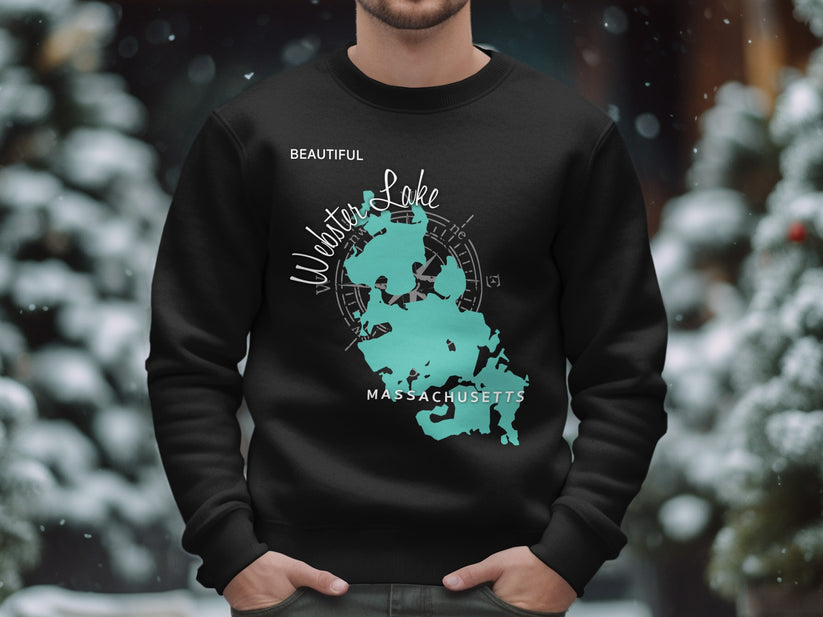 Black sweatshirt with a teal map of Webster Lake, Massachusetts.