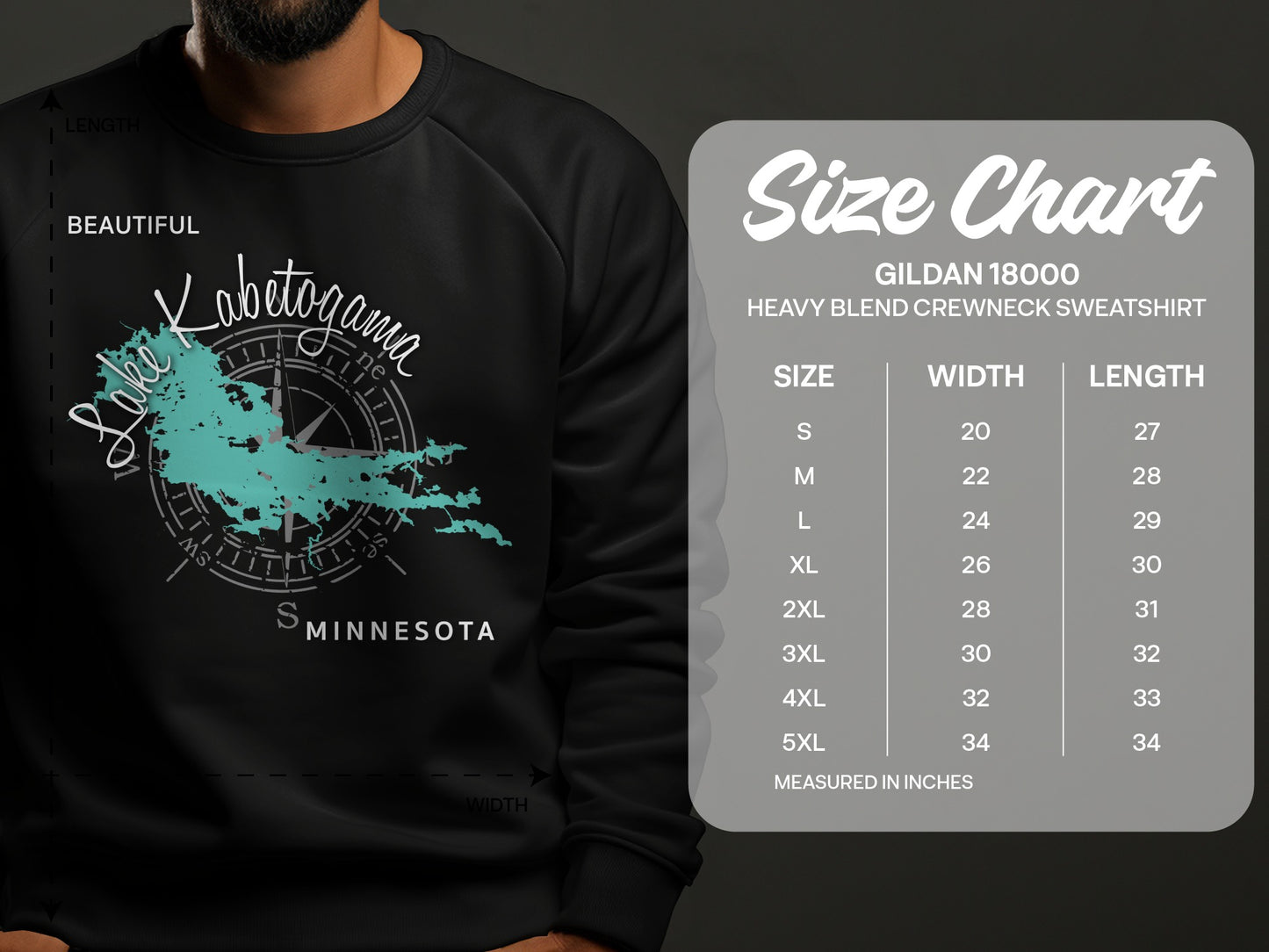 Black sweatshirt with Lake Kabetogama, Minnesota graphic and size chart.